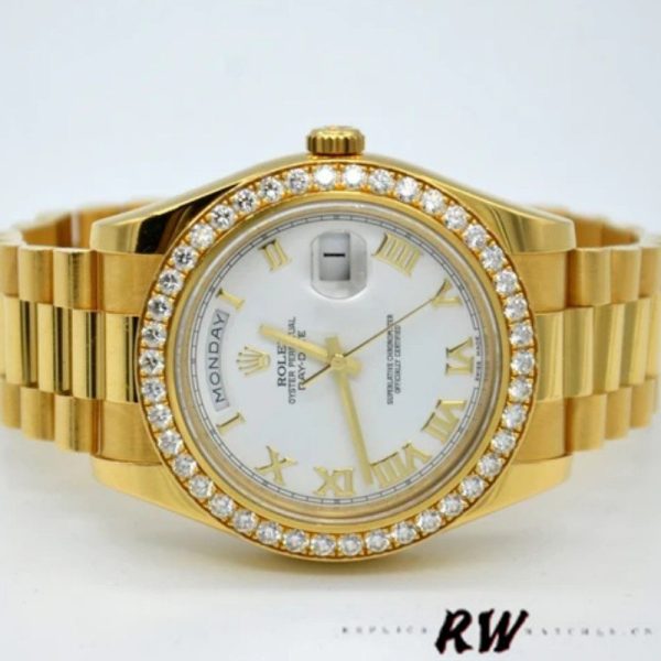 Rolex Day-Date 228348RBR White Roman Dial Diamond Bezel 40mm Mens Replica Watch
