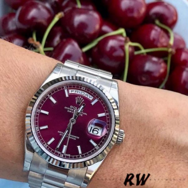 Rolex Day-Date 118239 Cherry Red Dial Fluted Bezel 36mm Lady Replica Watch