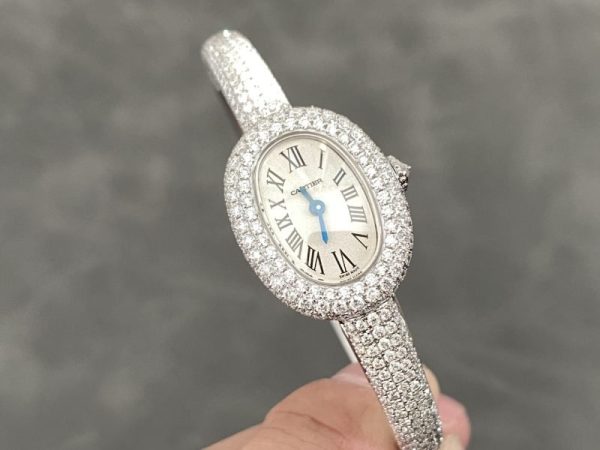 Cartier Baignoire HPI01607 Mini Model Silver Dial Iced Out Moissanite Best Replica (Wrist Size 15, 16, 17cm)