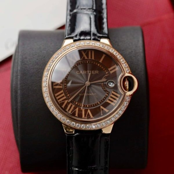 Cartier Ballon Bleu Rose Gold Grey Dial Diamond Bezel Leather Replica 42mm