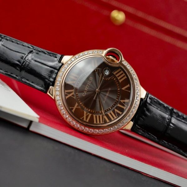 Cartier Ballon Bleu Rose Gold Grey Dial Diamond Bezel Leather Replica 42mm