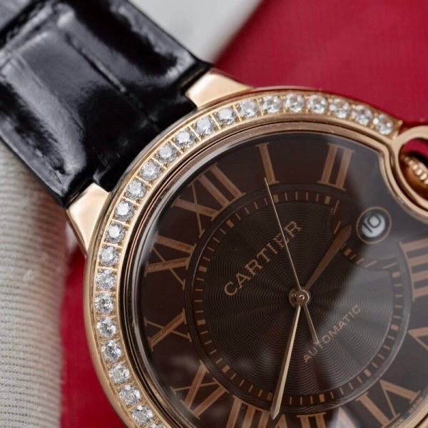 Cartier Ballon Bleu Rose Gold Grey Dial Diamond Bezel Leather Replica 42mm