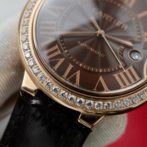 Cartier Ballon Bleu Rose Gold Grey Dial Diamond Bezel Leather Replica 42mm