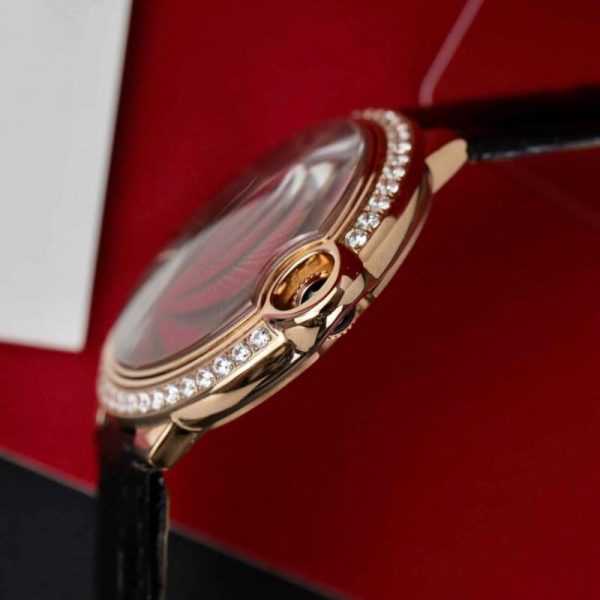 Cartier Ballon Bleu Rose Gold Grey Dial Diamond Bezel Leather Replica 42mm