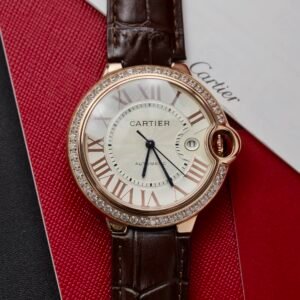 Cartier Ballon Bleu Rose Gold White Dial Diamond Bezel Leather Replica 42mm