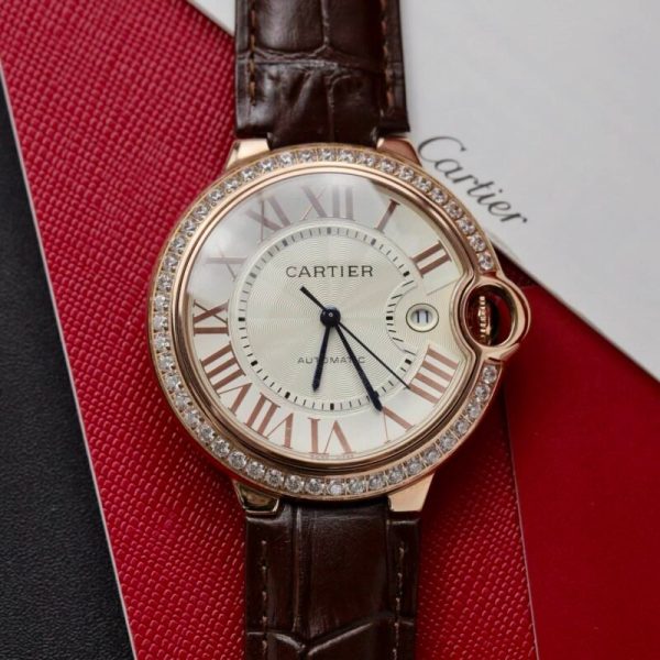 Cartier Ballon Bleu Rose Gold White Dial Diamond Bezel Leather Replica 42mm