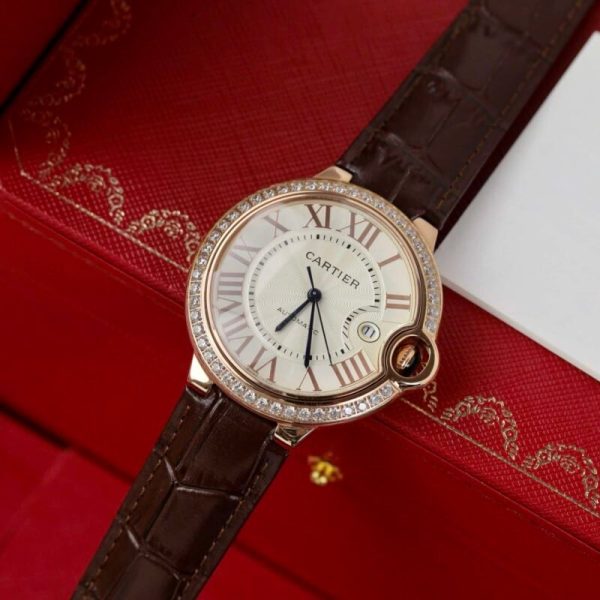 Cartier Ballon Bleu Rose Gold White Dial Diamond Bezel Leather Replica 42mm