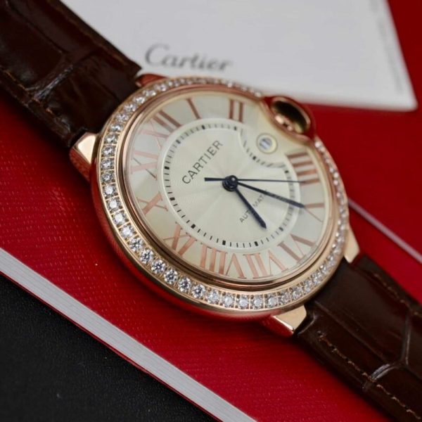 Cartier Ballon Bleu Rose Gold White Dial Diamond Bezel Leather Replica 42mm