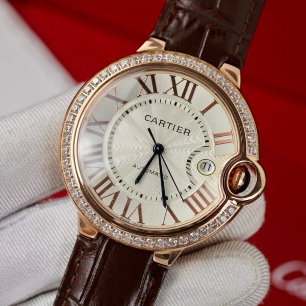 Cartier Ballon Bleu Rose Gold White Dial Diamond Bezel Leather Replica 42mm