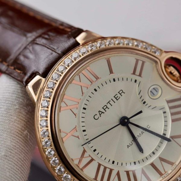 Cartier Ballon Bleu Rose Gold White Dial Diamond Bezel Leather Replica 42mm