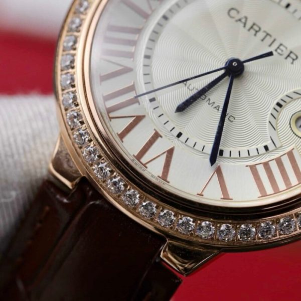 Cartier Ballon Bleu Rose Gold White Dial Diamond Bezel Leather Replica 42mm