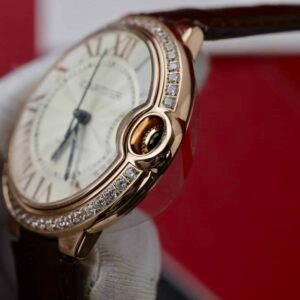 Cartier Ballon Bleu Rose Gold White Dial Diamond Bezel Leather Replica 42mm