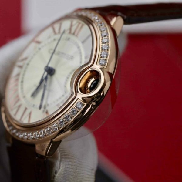 Cartier Ballon Bleu Rose Gold White Dial Diamond Bezel Leather Replica 42mm