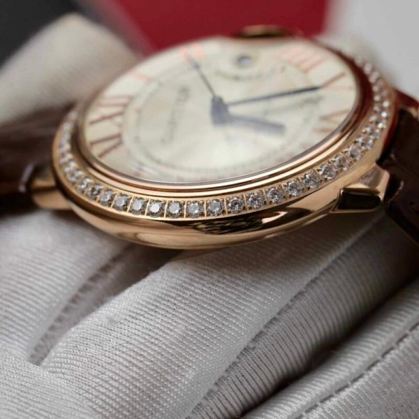 Cartier Ballon Bleu Rose Gold White Dial Diamond Bezel Leather Replica 42mm