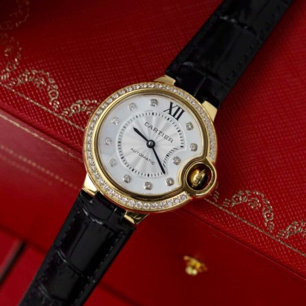 Cartier Ballon Bleu Yellow Gold Diamond Bezel Leather Replica 39mm