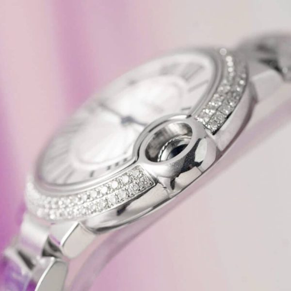 Cartier Ballon Bleu WE902065 White Dial Custom Natural Diamond Bezel Best Replica 33mm