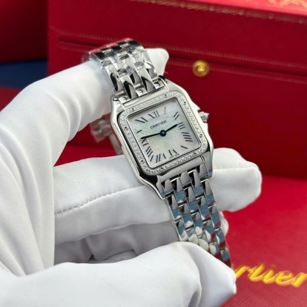 Cartier Panth??re Steel Ladies MOP Dial Diamond Bezel Best Replica AF 27mm x 36mm