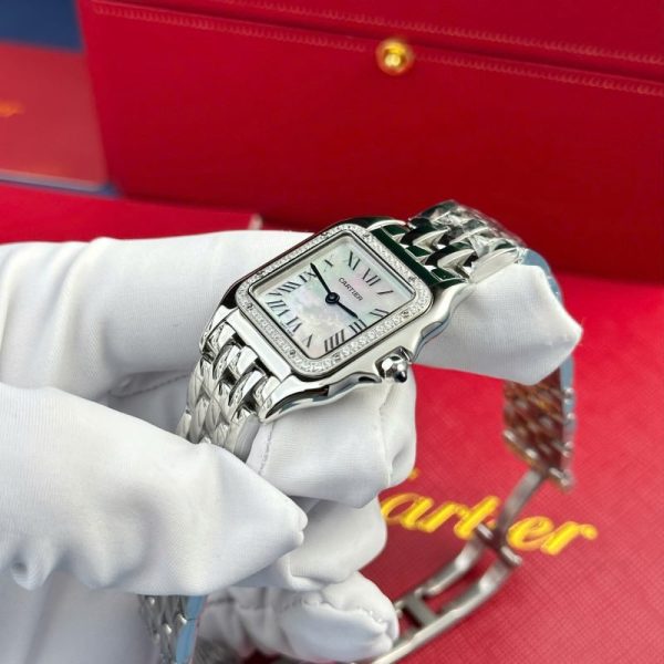 Cartier Panth??re Steel Ladies MOP Dial Diamond Bezel Best Replica AF 27mm x 36mm