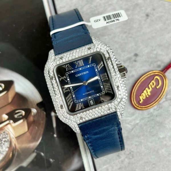 Cartier Santos Large Model Blue Dial Custom Moissanite Case Leather Strap 39.8mm