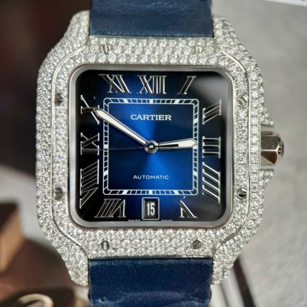 Cartier Santos Large Model Blue Dial Custom Moissanite Case Leather Strap 39.8mm