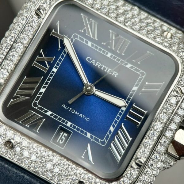 Cartier Santos Large Model Blue Dial Custom Moissanite Case Leather Strap 39.8mm