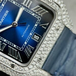 Cartier Santos Large Model Blue Dial Custom Moissanite Case Leather Strap 39.8mm