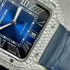 Cartier Santos Large Model Blue Dial Custom Moissanite Case Leather Strap 39.8mm