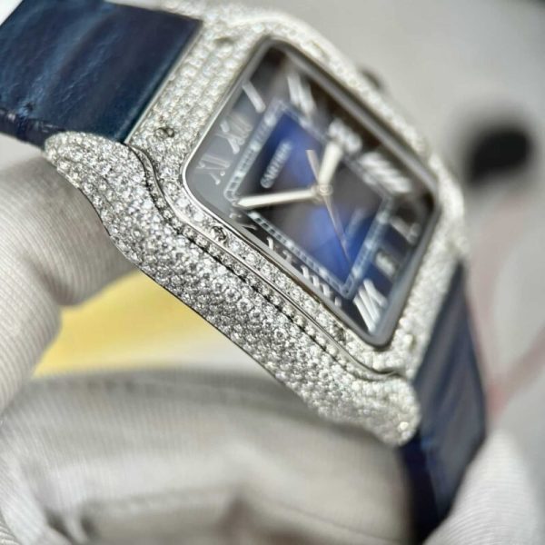 Cartier Santos Large Model Blue Dial Custom Moissanite Case Leather Strap 39.8mm