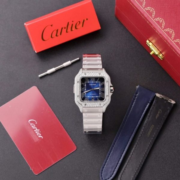 Cartier Santos Blue Dial Custom Moissanite Case Large Model Best Replica BVF 39.8mm