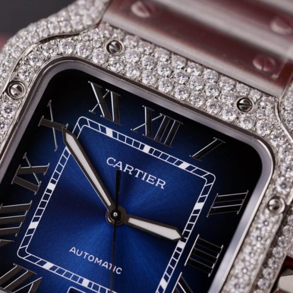 Cartier Santos Blue Dial Custom Moissanite Case Large Model Best Replica BVF 39.8mm