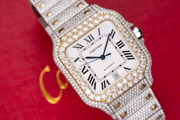 Cartier Santos White Dial Two Tone Large Model Iced Out Moissanite 39.8mm