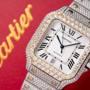 Cartier Santos White Dial Two Tone Large Model Iced Out Moissanite 39.8mm