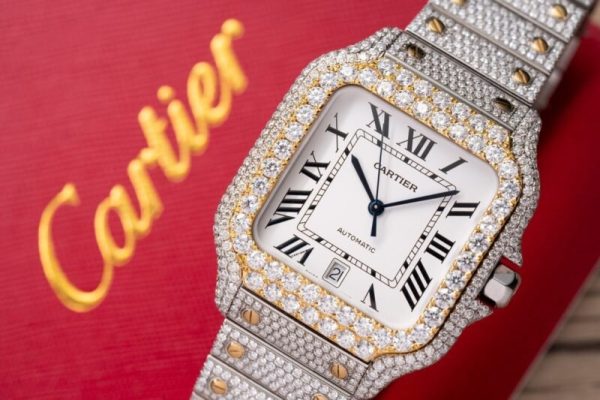 Cartier Santos White Dial Two Tone Large Model Iced Out Moissanite 39.8mm