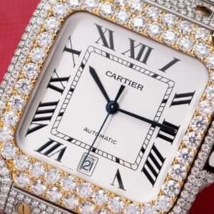 Cartier Santos White Dial Two Tone Large Model Iced Out Moissanite 39.8mm