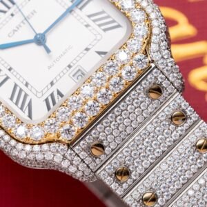 Cartier Santos White Dial Two Tone Large Model Iced Out Moissanite 39.8mm