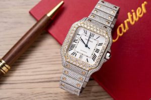 Cartier Santos White Dial Two Tone Large Model Iced Out Moissanite 39.8mm