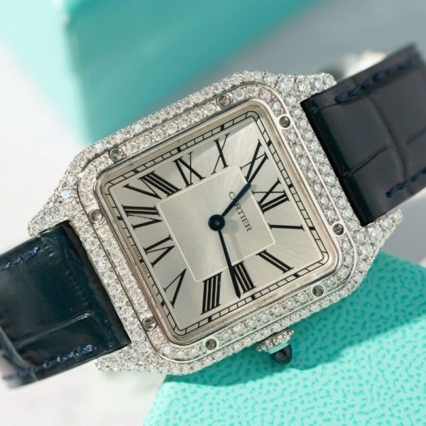 Cartier Santos Dumont Steel Silver Dial Custom Moissanite Case Leather Strap Replica BVF 38mm x 27.5mm