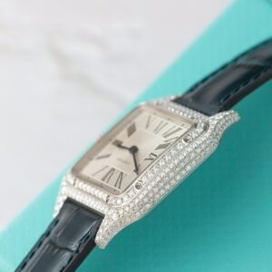 Cartier Santos Dumont Steel Silver Dial Custom Moissanite Case Leather Strap Replica BVF 38mm x 27.5mm