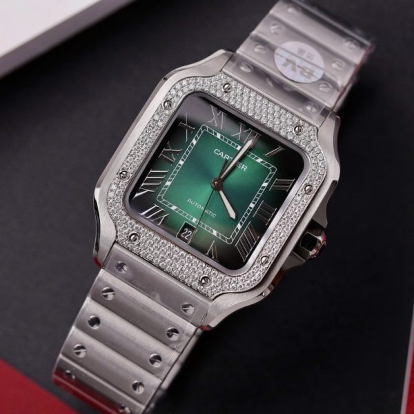 Cartier Santos Green Dial Large Model Custom Moissanite Bezel Best Clone BVF 39.8mm