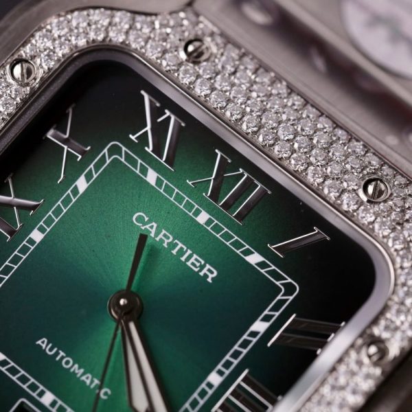 Cartier Santos Green Dial Large Model Custom Moissanite Bezel Best Clone BVF 39.8mm