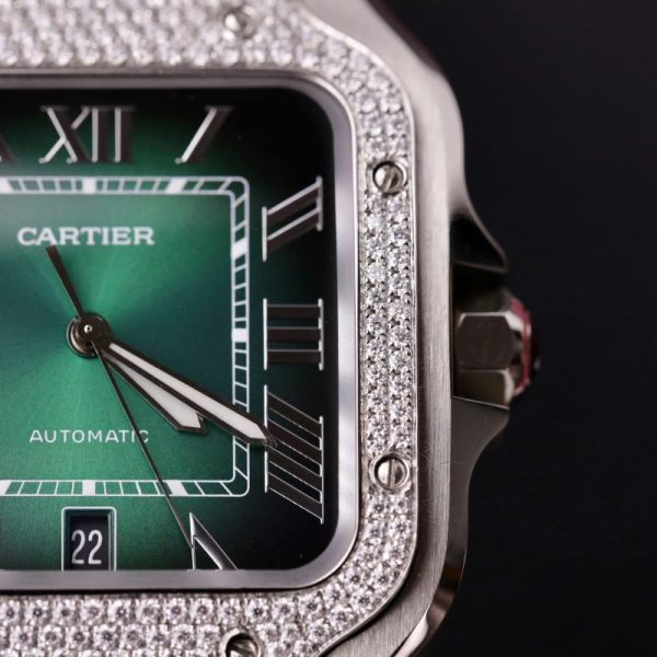Cartier Santos Green Dial Large Model Custom Moissanite Bezel Best Clone BVF 39.8mm