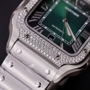 Cartier Santos Green Dial Large Model Custom Moissanite Bezel Best Clone BVF 39.8mm