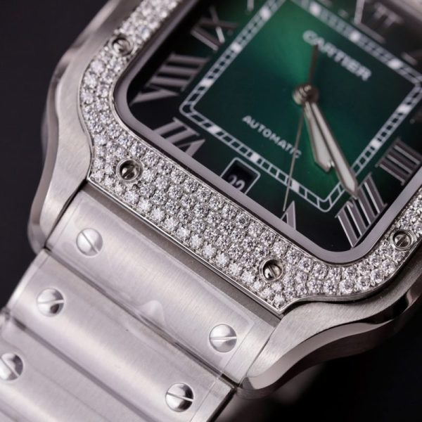 Cartier Santos Green Dial Large Model Custom Moissanite Bezel Best Clone BVF 39.8mm
