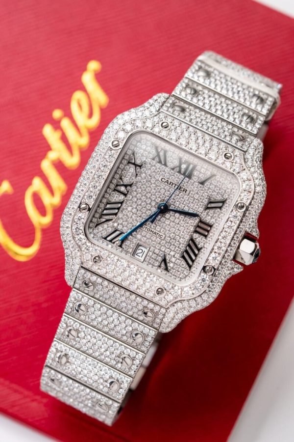 Cartier Santos Iced Out VVS1 Clarity Moissanite Large Model Best Replica 39.8mm