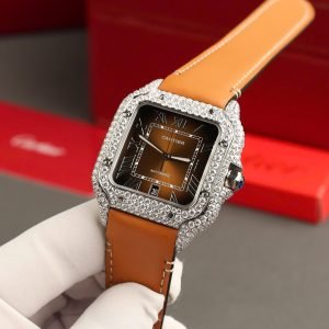 Cartier Santos Large Model Brown Dial Custom Moissanite Case Best Replica 39.8mm