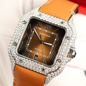 Cartier Santos Large Model Brown Dial Custom Moissanite Case Best Replica 39.8mm