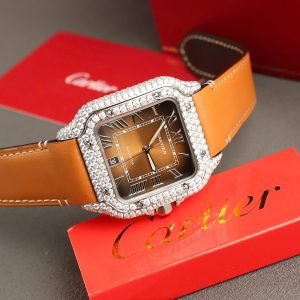 Cartier Santos Large Model Brown Dial Custom Moissanite Case Best Replica 39.8mm