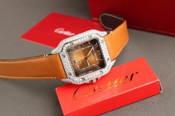 Cartier Santos Large Model Brown Dial Custom Moissanite Case Best Replica 39.8mm