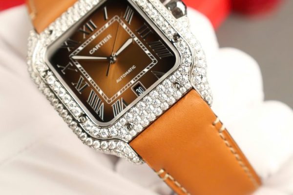 Cartier Santos Large Model Brown Dial Custom Moissanite Case Best Replica 39.8mm