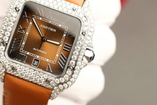 Cartier Santos Large Model Brown Dial Custom Moissanite Case Best Replica 39.8mm
